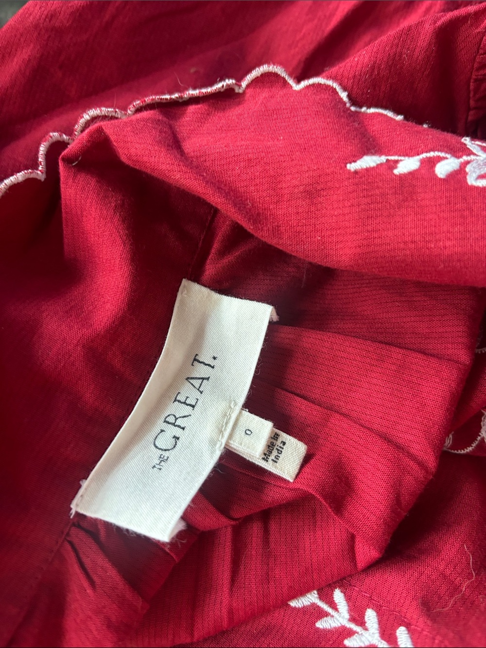 THE GREAT. Embroidered Button-Front Midi Dress in Burgundy - Picture 5 of 5